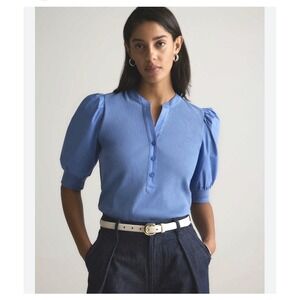 $55 New QUINCE Cotton Mixed Media Puff Sleeve Top Blue Medium